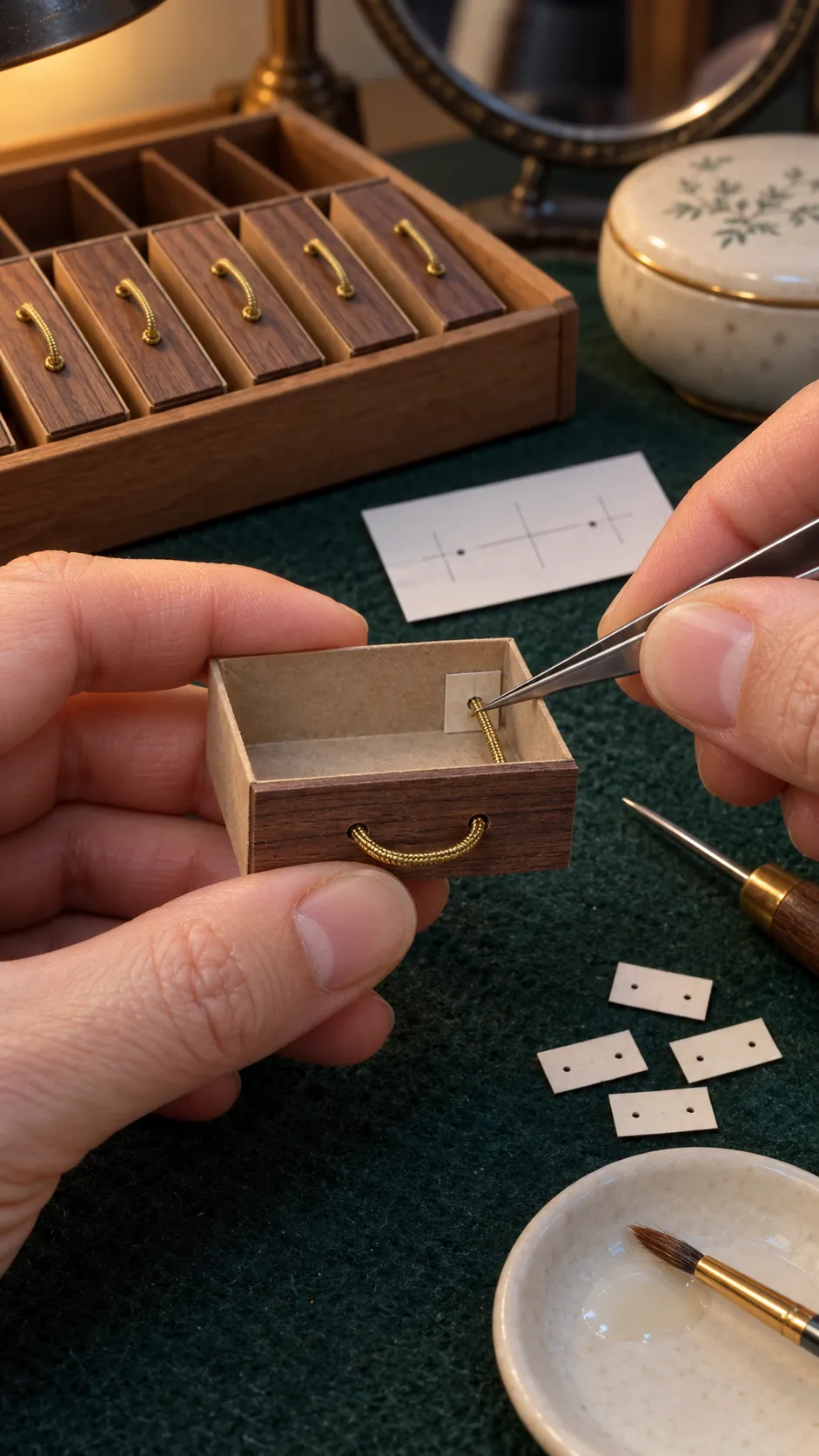 Tiny brass handles attached to matchbox drawer fronts