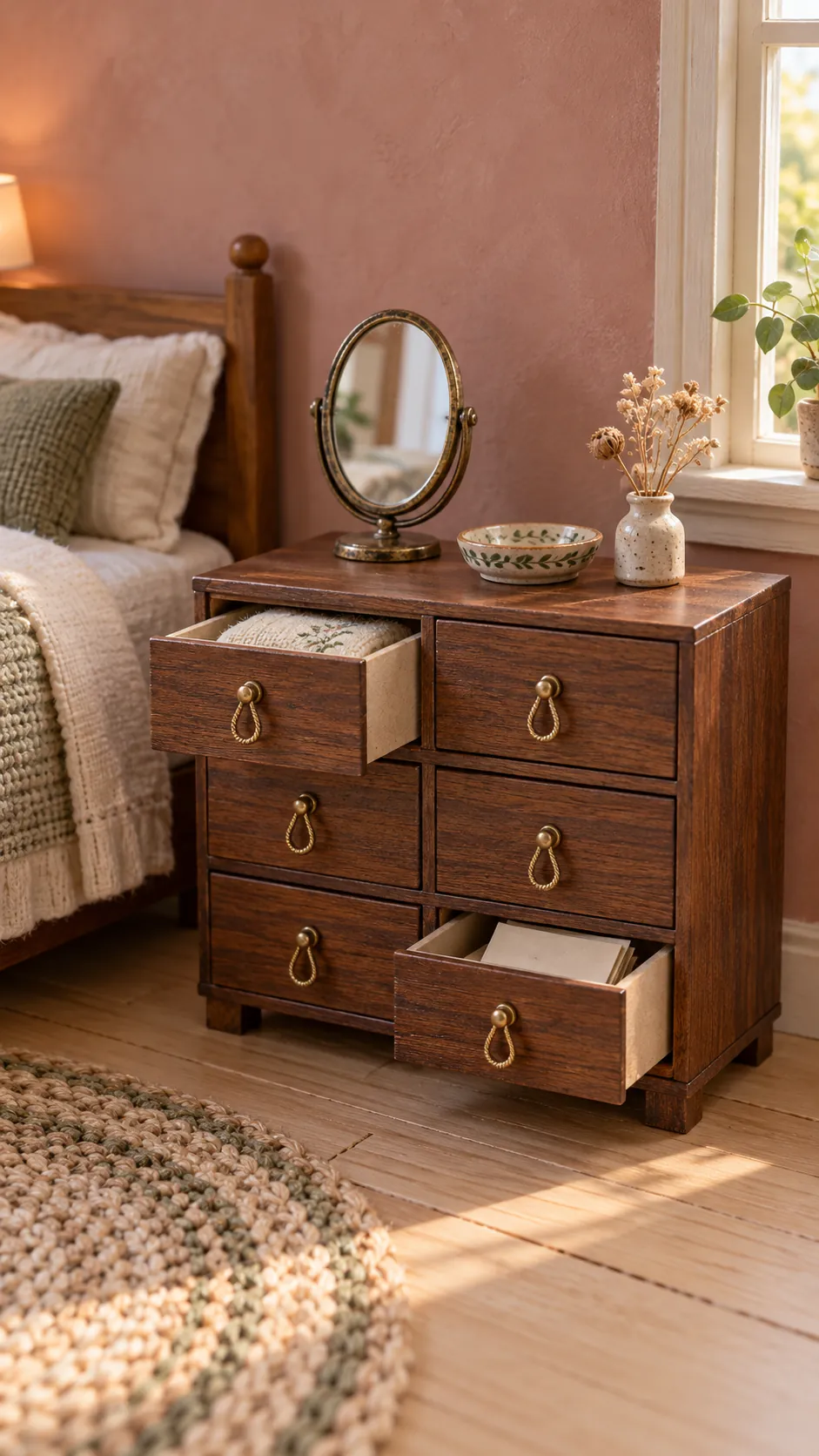 Finished miniature matchbox dresser in a dollhouse bedroom