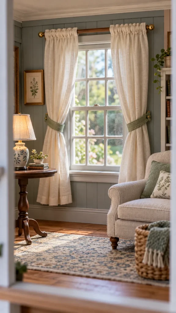 Finished no sew dollhouse curtains in a cozy miniature room