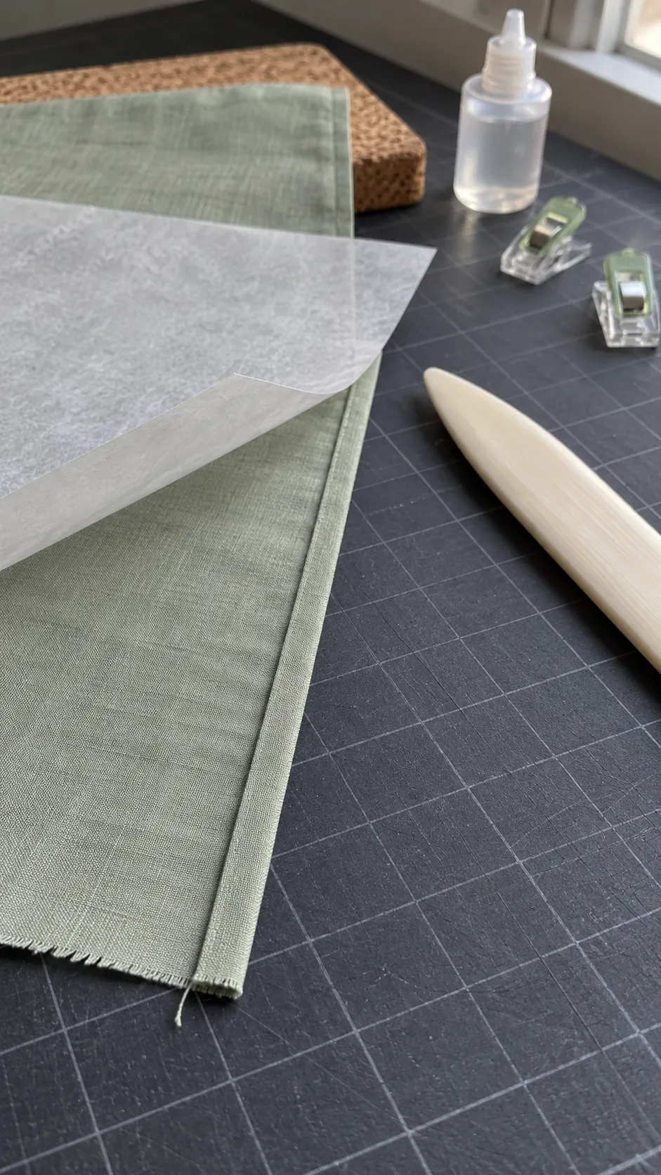 Creating narrow glued hems on miniature curtain panels