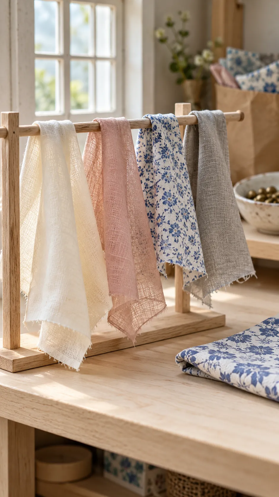 Lightweight fabric scraps selected for miniature dollhouse curtains