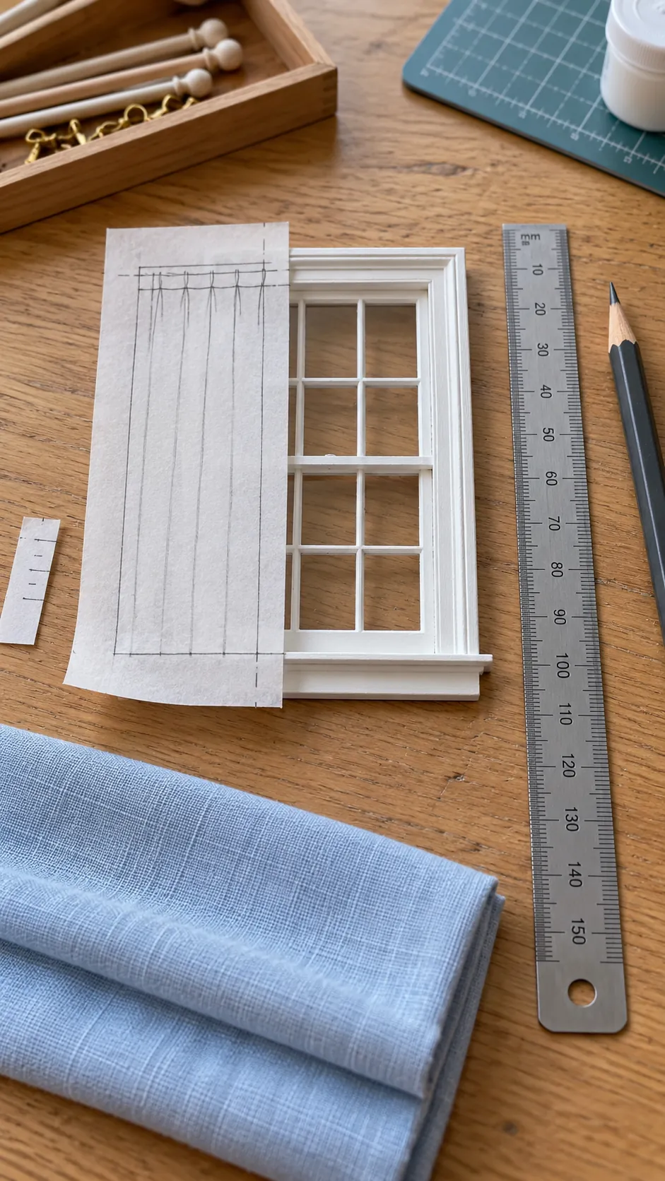Measuring a dollhouse window for no sew miniature curtains