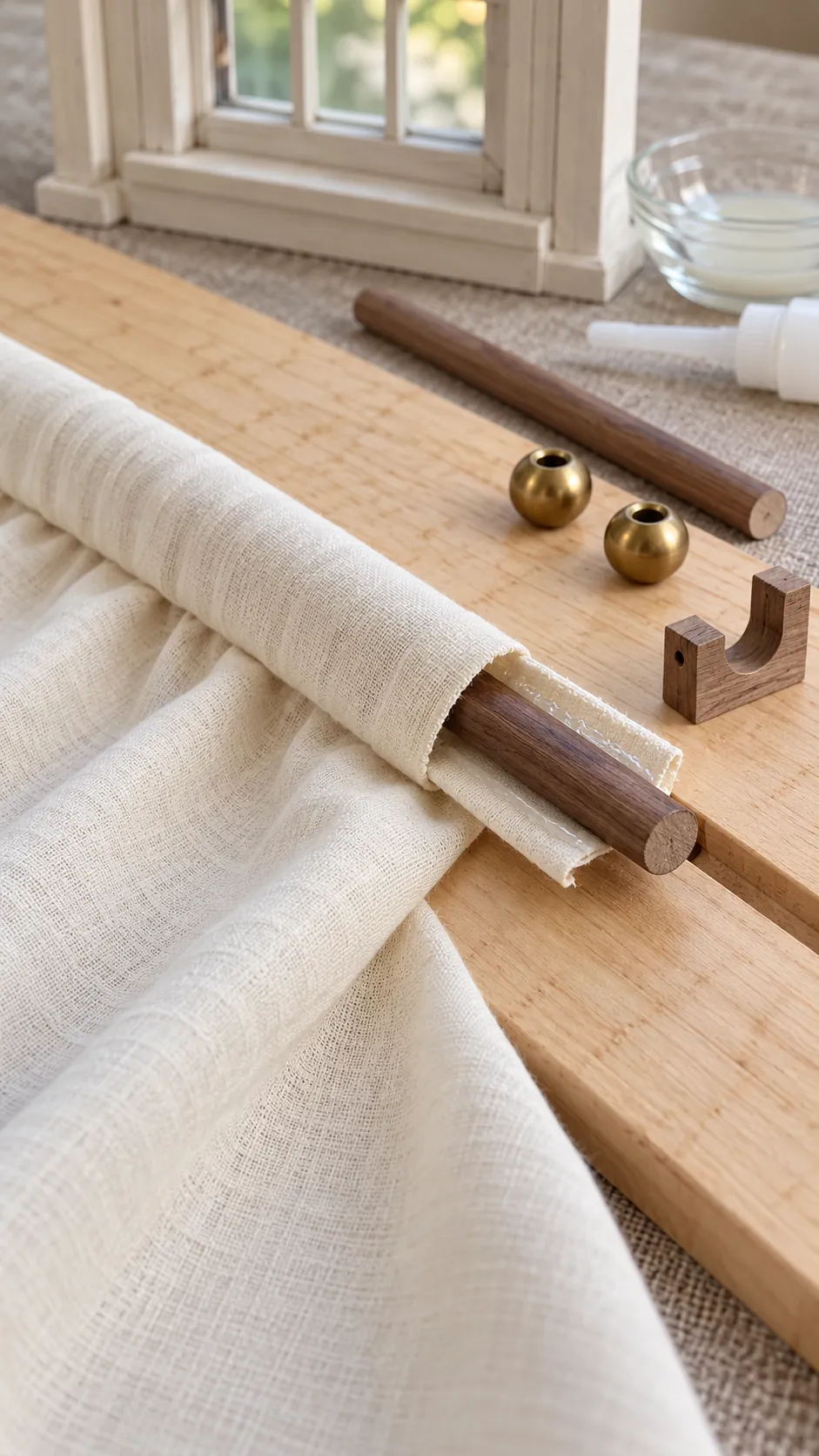 Miniature curtain rod pocket made with fabric adhesive and a wooden dowel