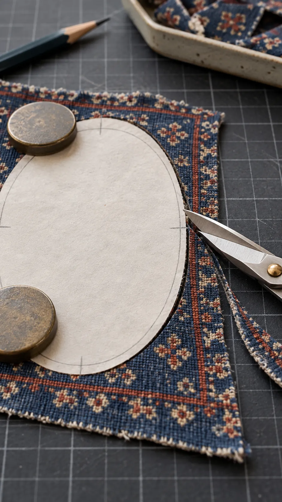 Cutting a balanced miniature rug from a fabric scrap