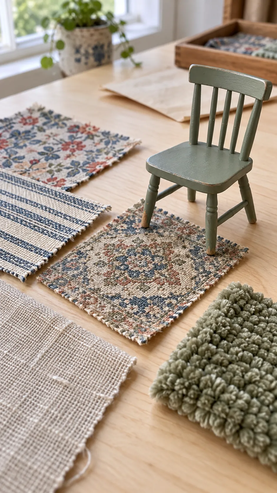 Thin fabric scraps tested for miniature rugs at dollhouse scale