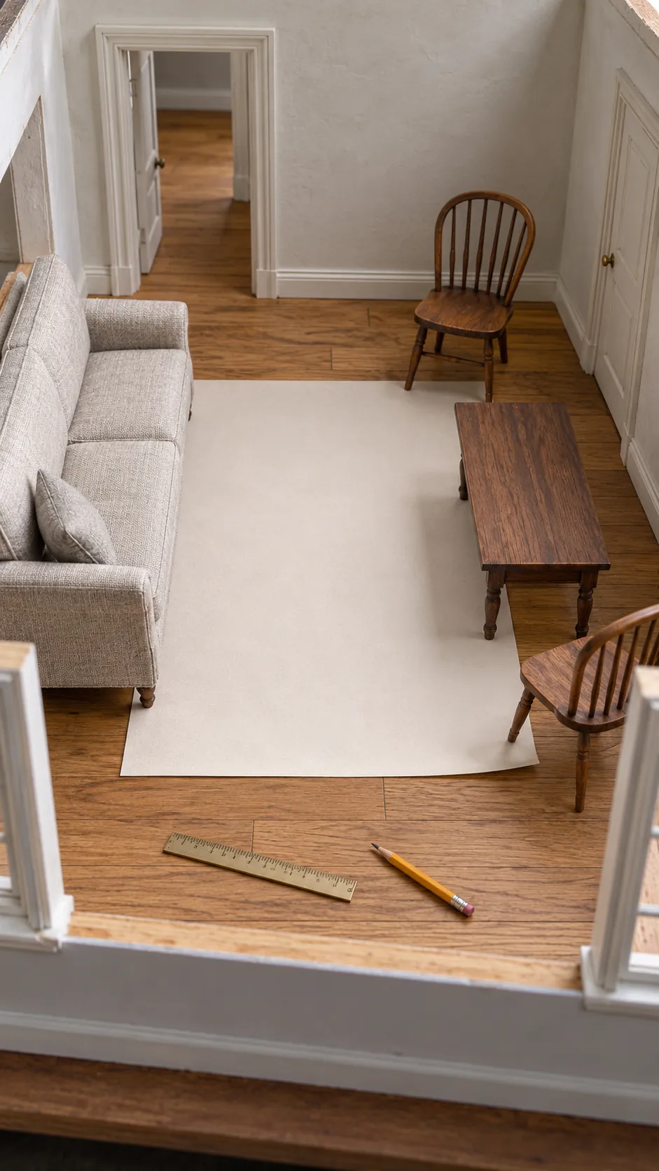 Paper template measuring a miniature dollhouse rug area