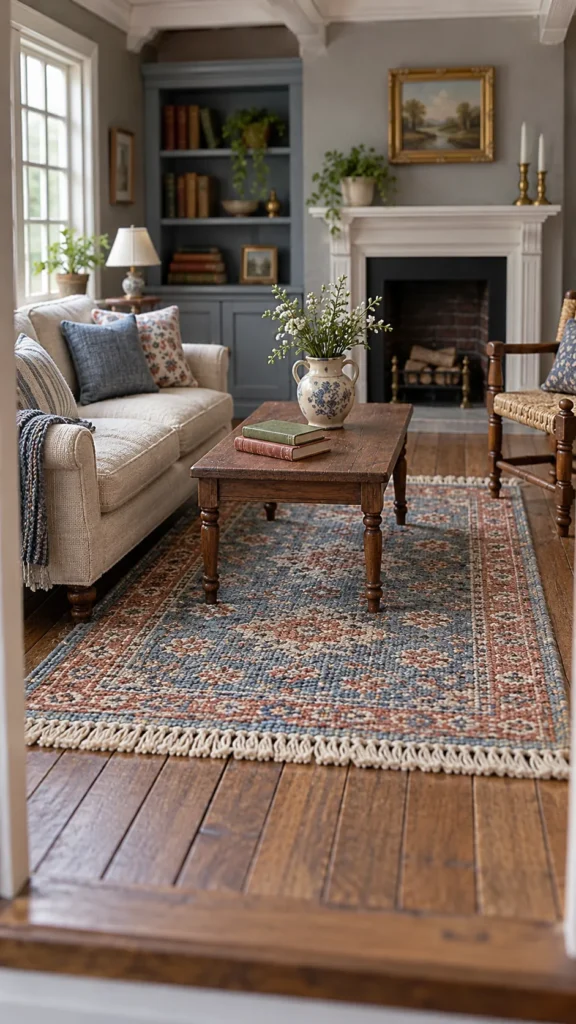 No sew fabric scrap rug in a realistic dollhouse living room