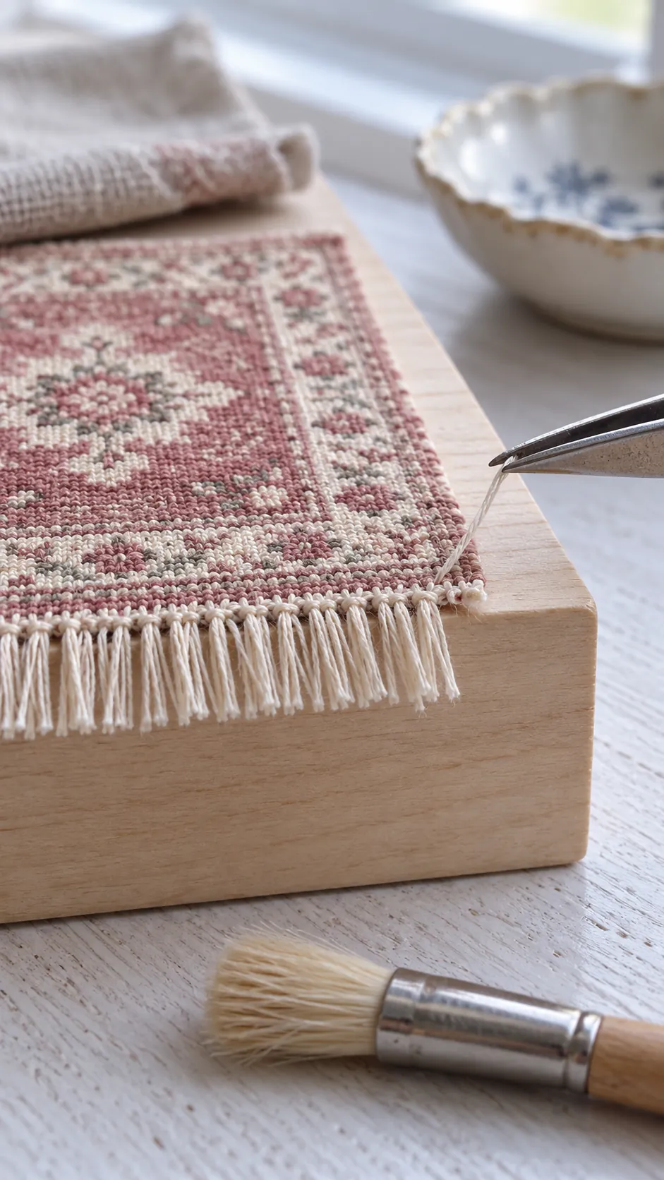 Short scale appropriate fringe on a miniature fabric rug