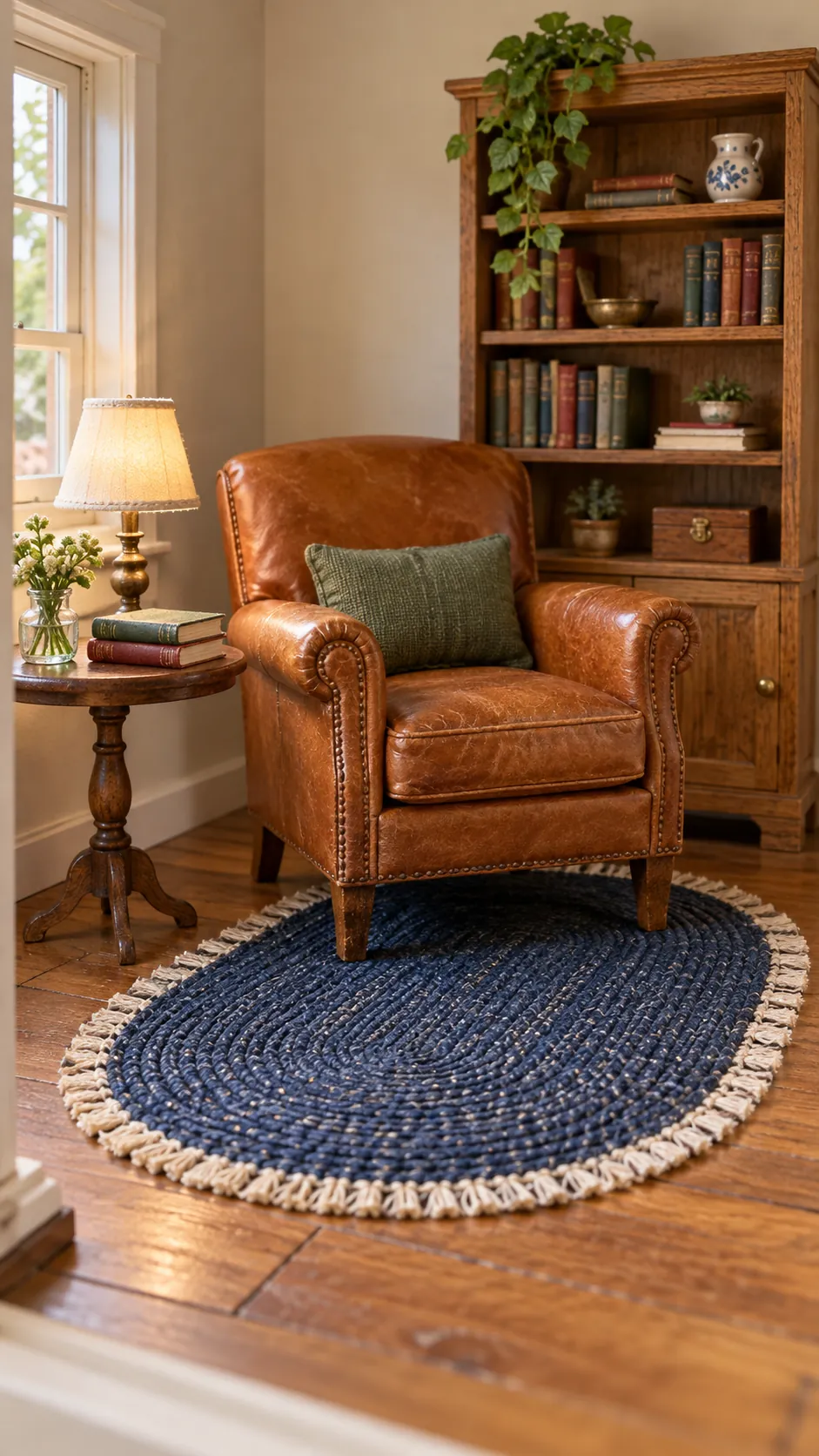 Finished fabric scrap rug lying flat in a furnished dollhouse room