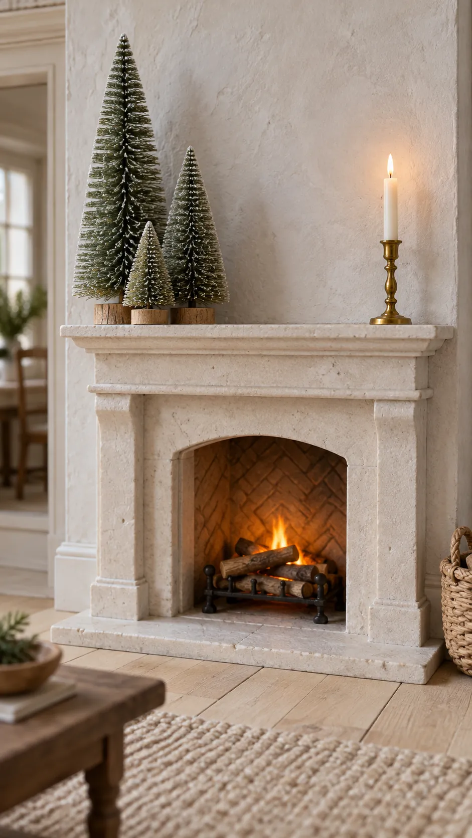 Bottle brush tree forest on a miniature fireplace mantel