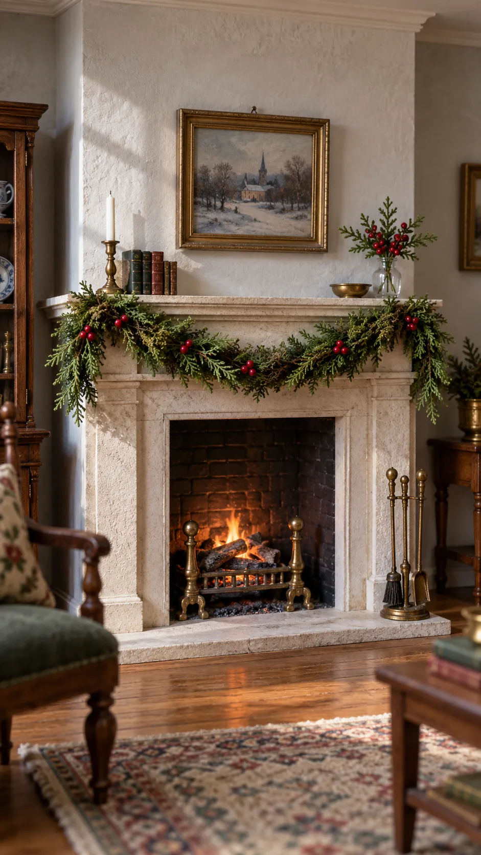 Miniature Christmas mantel with draped evergreen garland