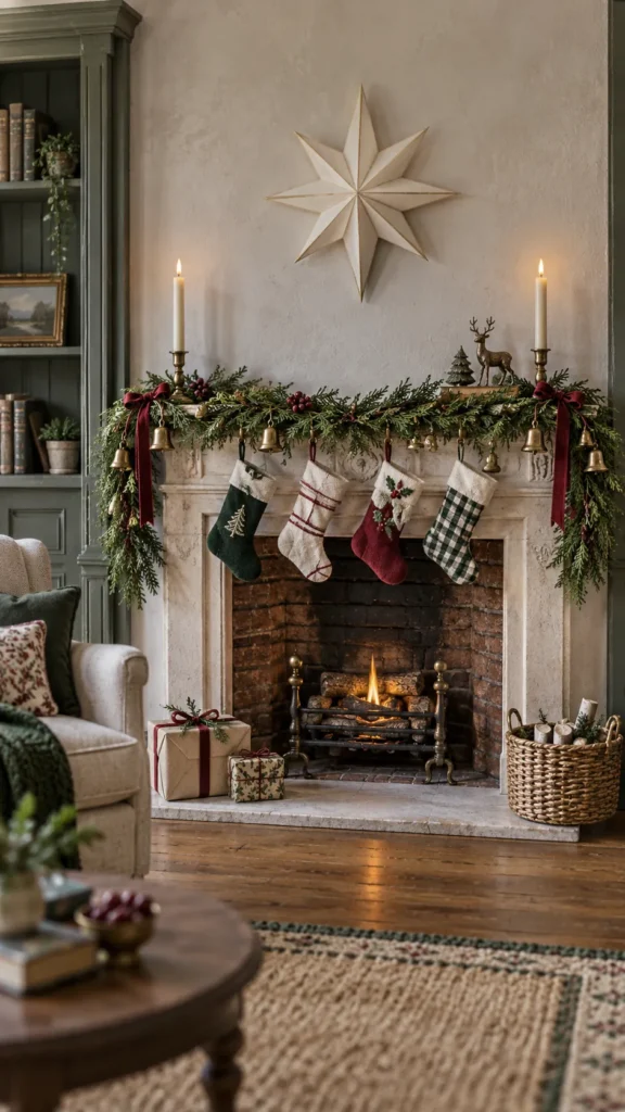 Miniature Christmas fireplace mantel decorated with elegant tiny holiday details
