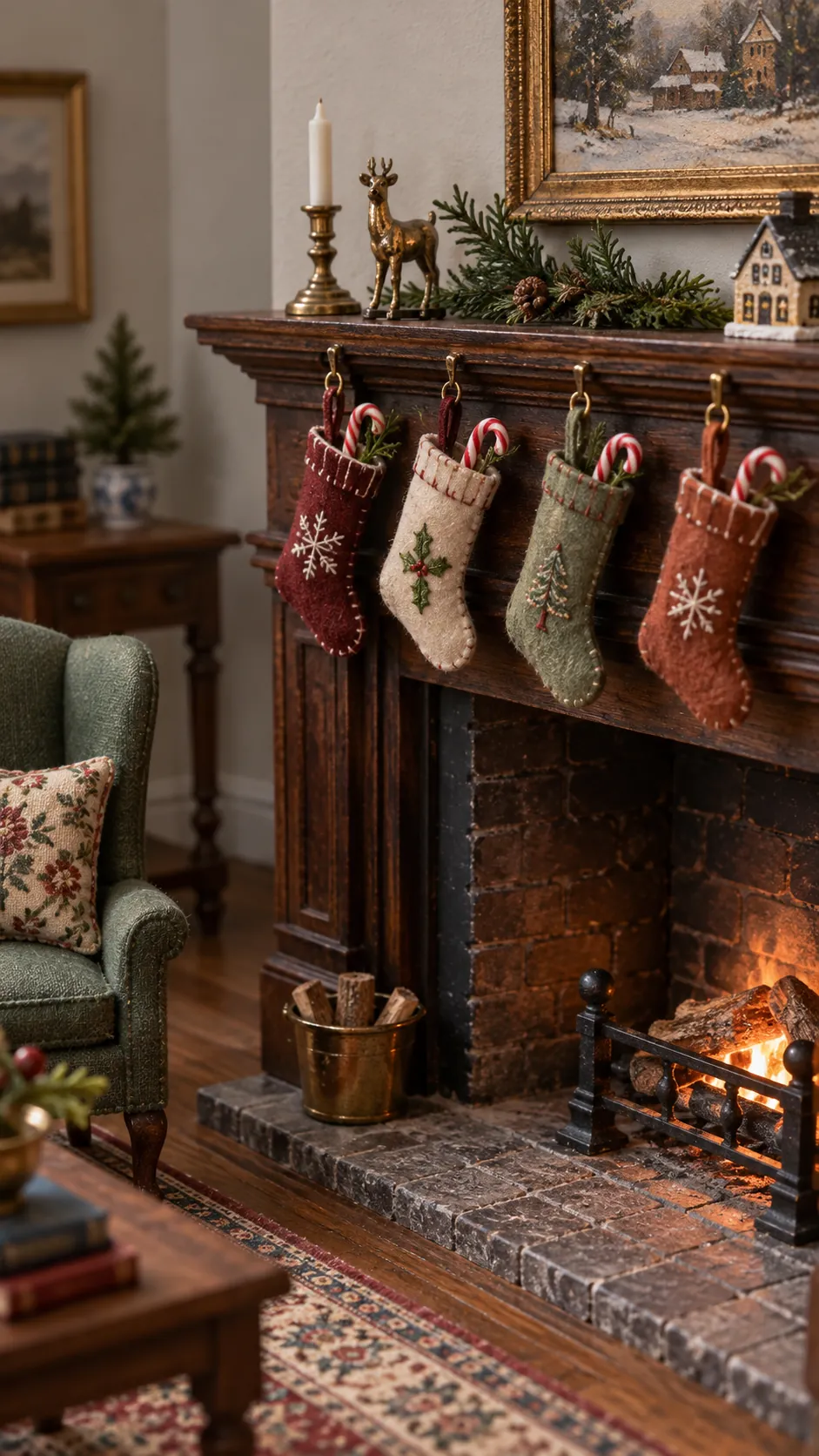 Tiny stockings hanging from a dollhouse Christmas mantel