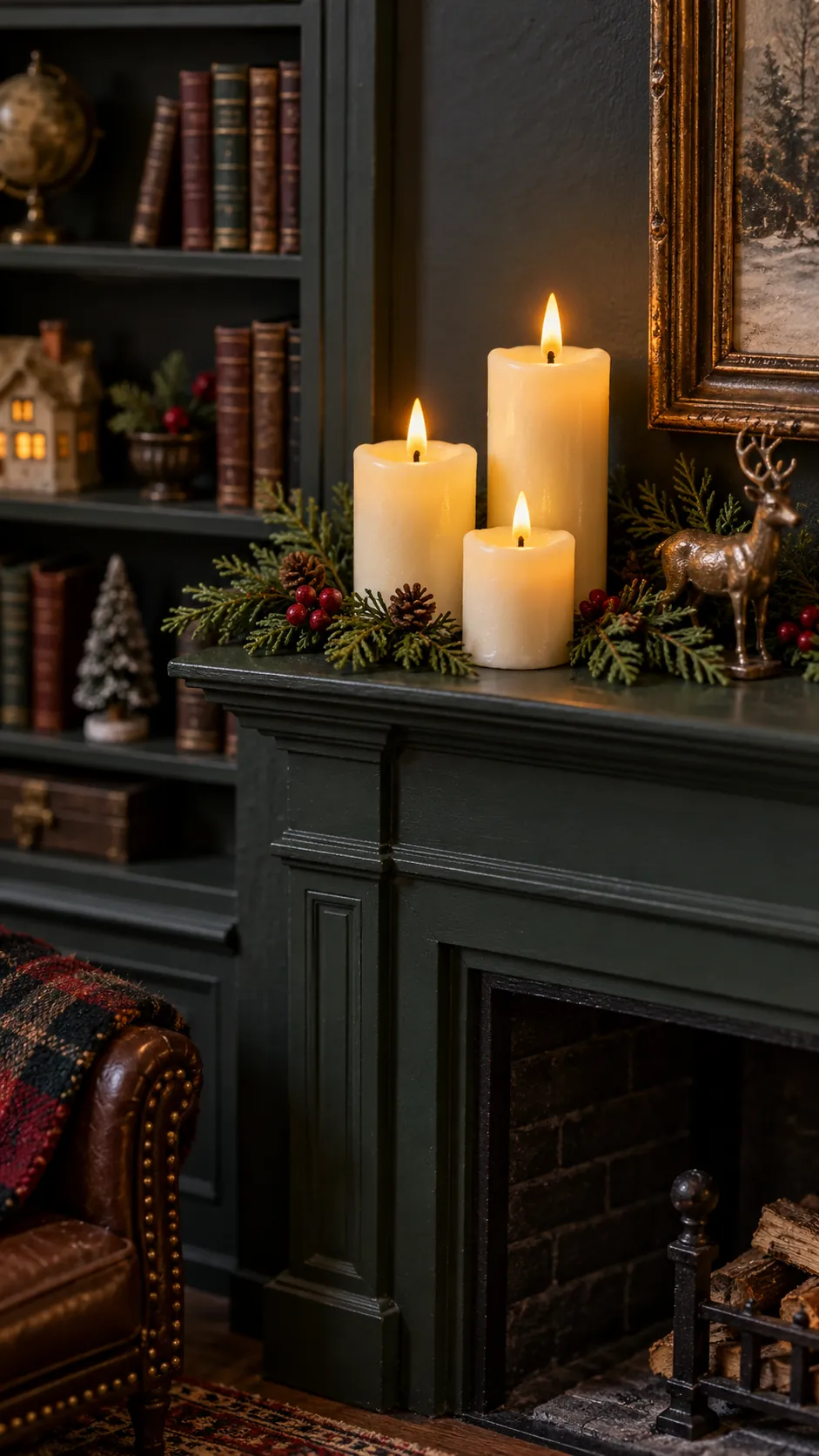 Warm candle cluster on a miniature Christmas fireplace mantel
