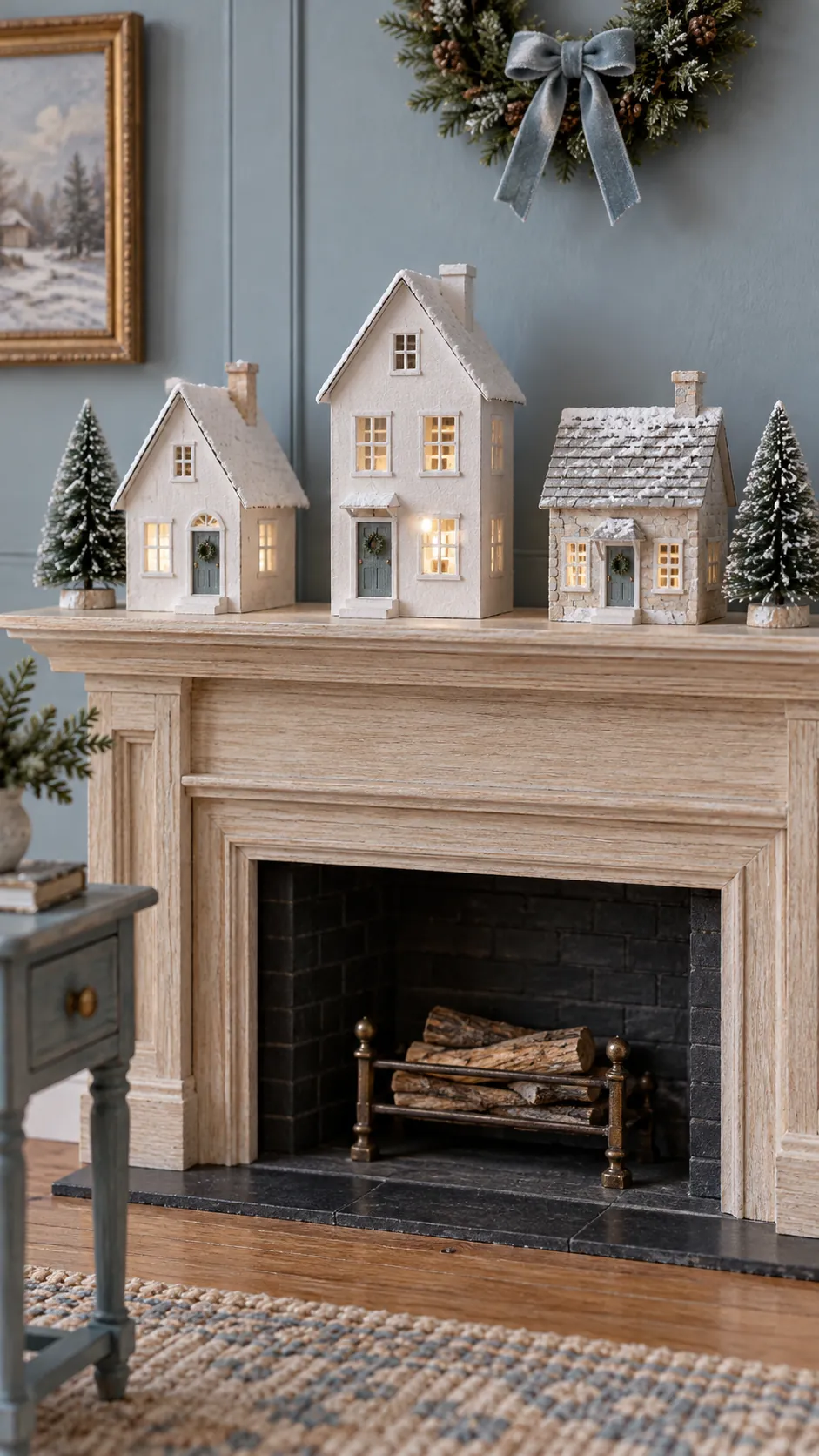 Snowy paper village on a miniature Christmas mantel