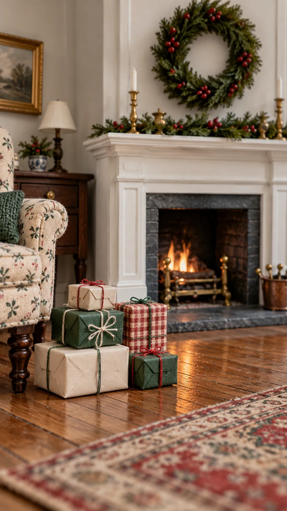 Coordinated tiny parcels beside a dollhouse Christmas fireplace