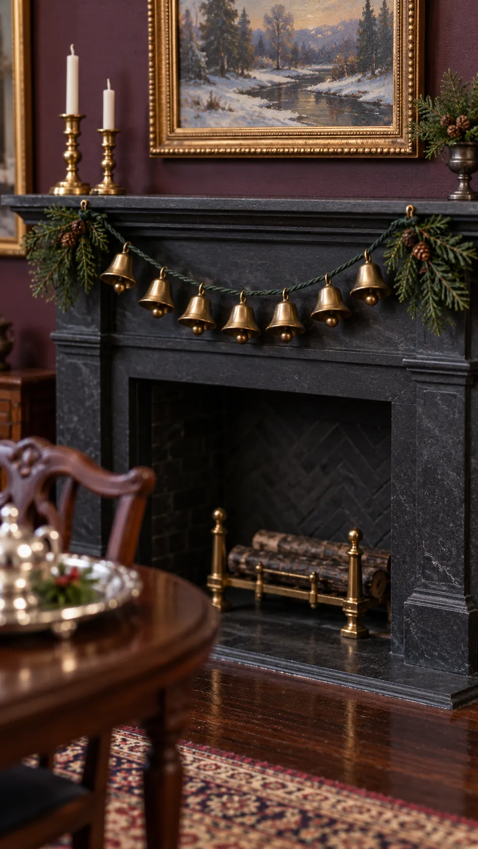 Brass bell swag on a dollhouse Christmas fireplace mantel