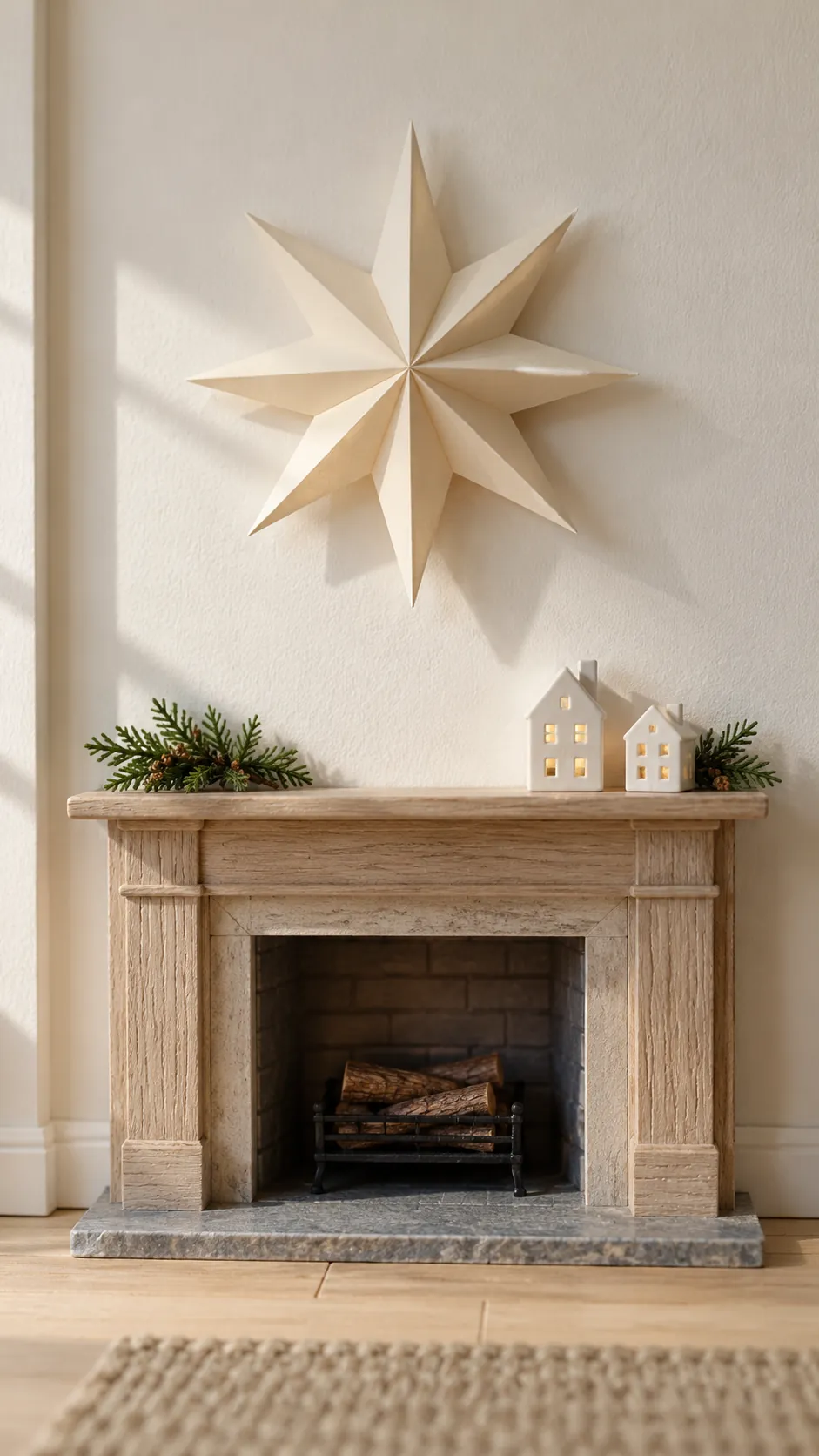 Folded paper star above a miniature Christmas mantel