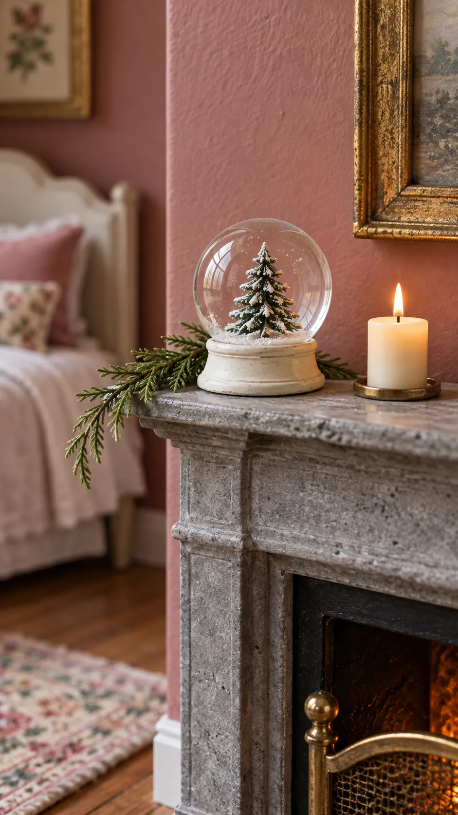 Tiny snow globe decorating a dollhouse Christmas mantel