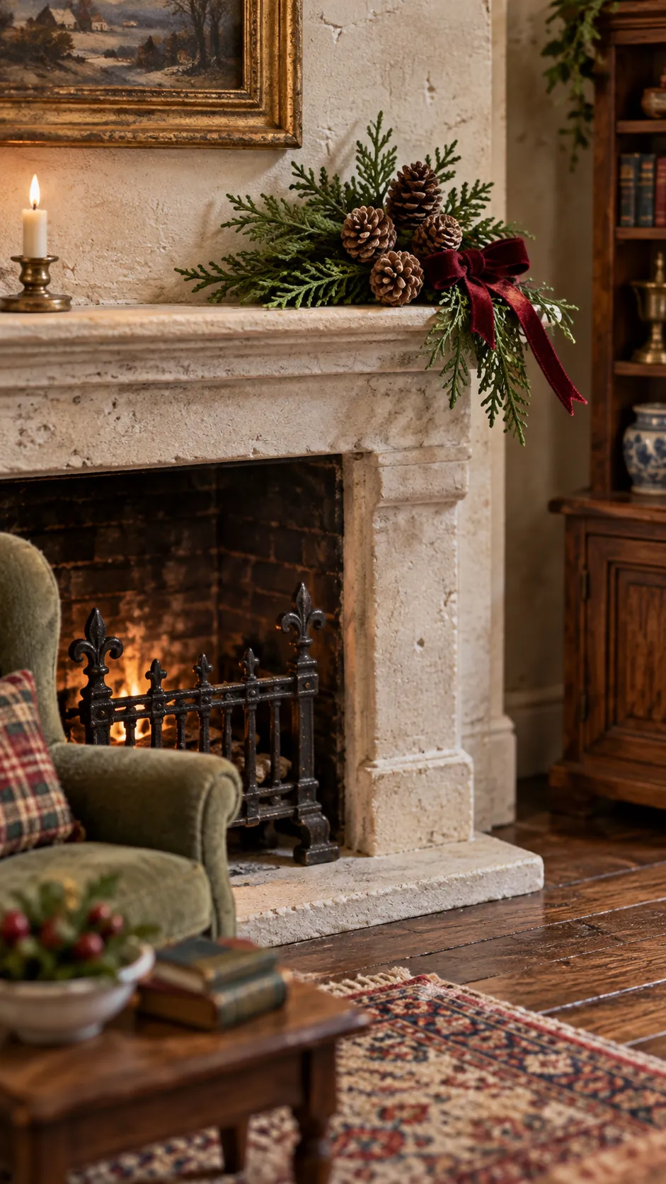 Pinecone and cedar grouping on a miniature holiday mantel