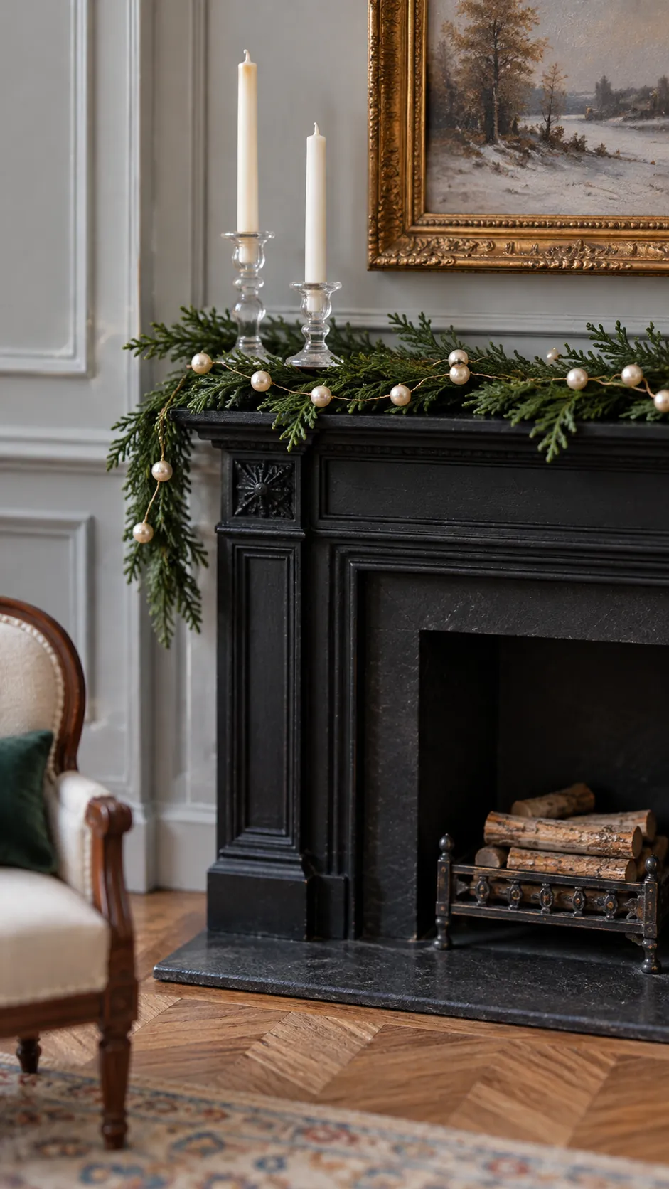 Pearl bead garland woven through miniature mantel greenery