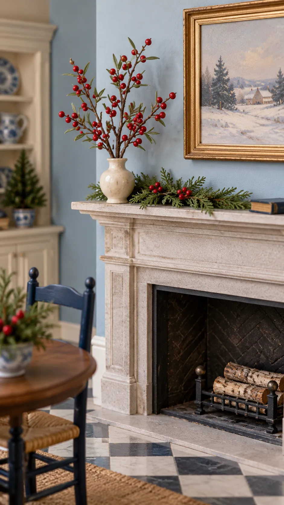 Red berry branches in a tiny vase on a Christmas mantel
