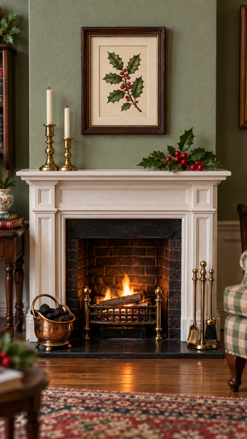 Winter holly botanical print above a miniature mantel