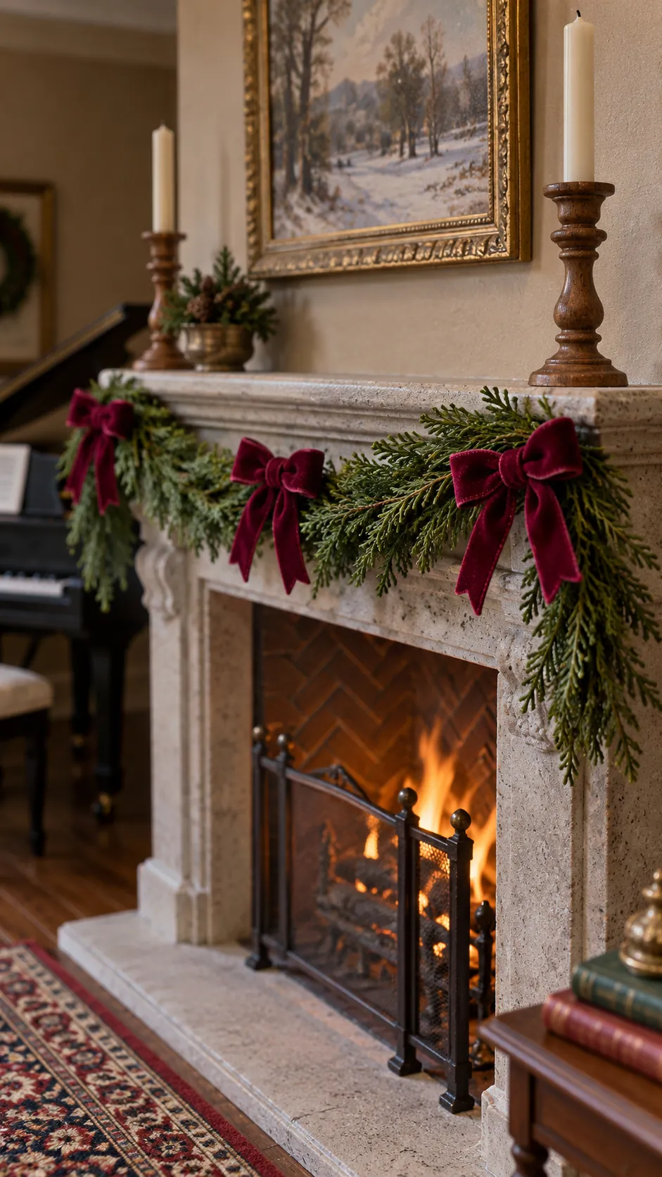 Burgundy velvet bows on miniature Christmas mantel greenery