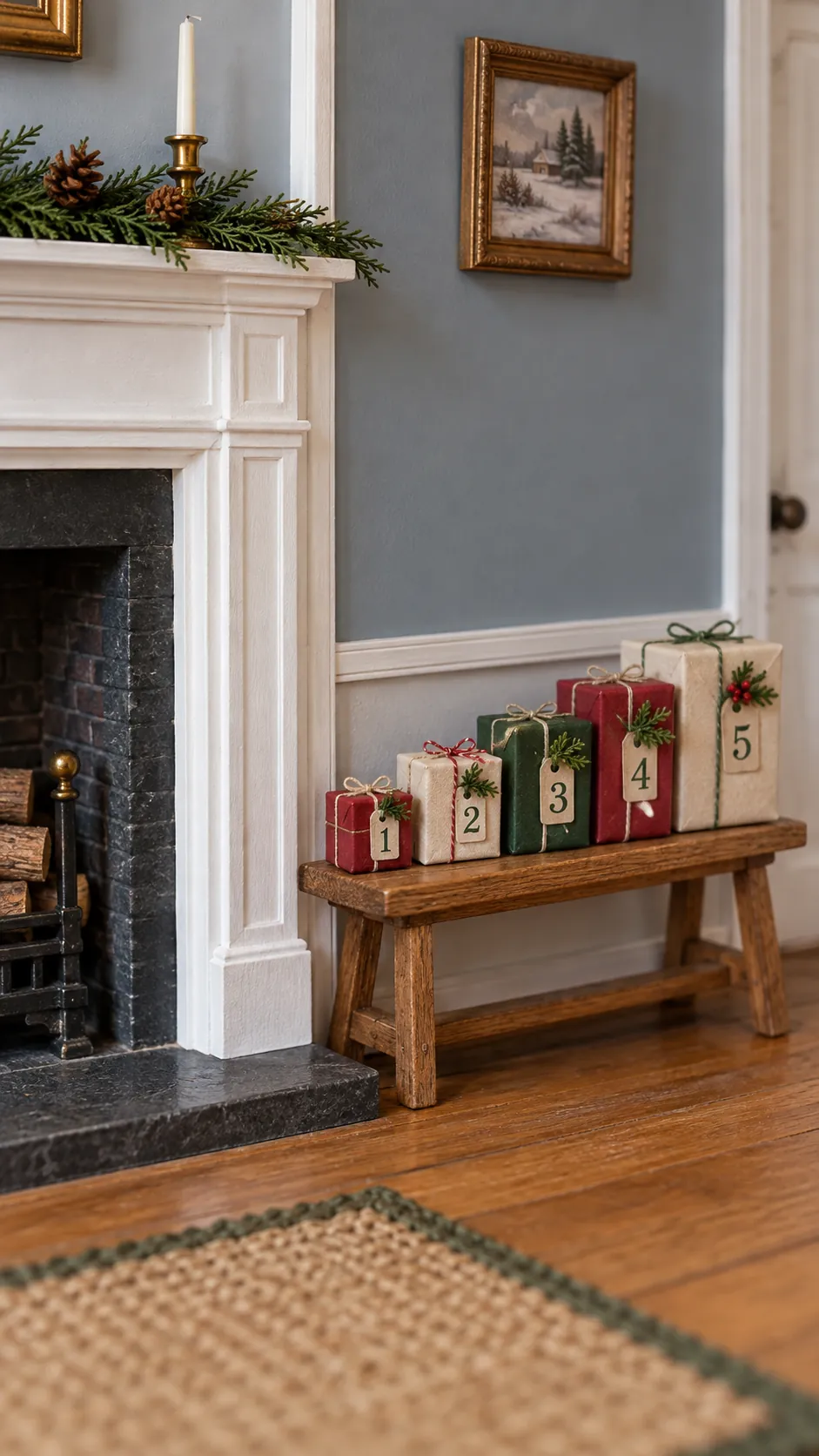 Tiny advent parcels arranged beside a dollhouse fireplace