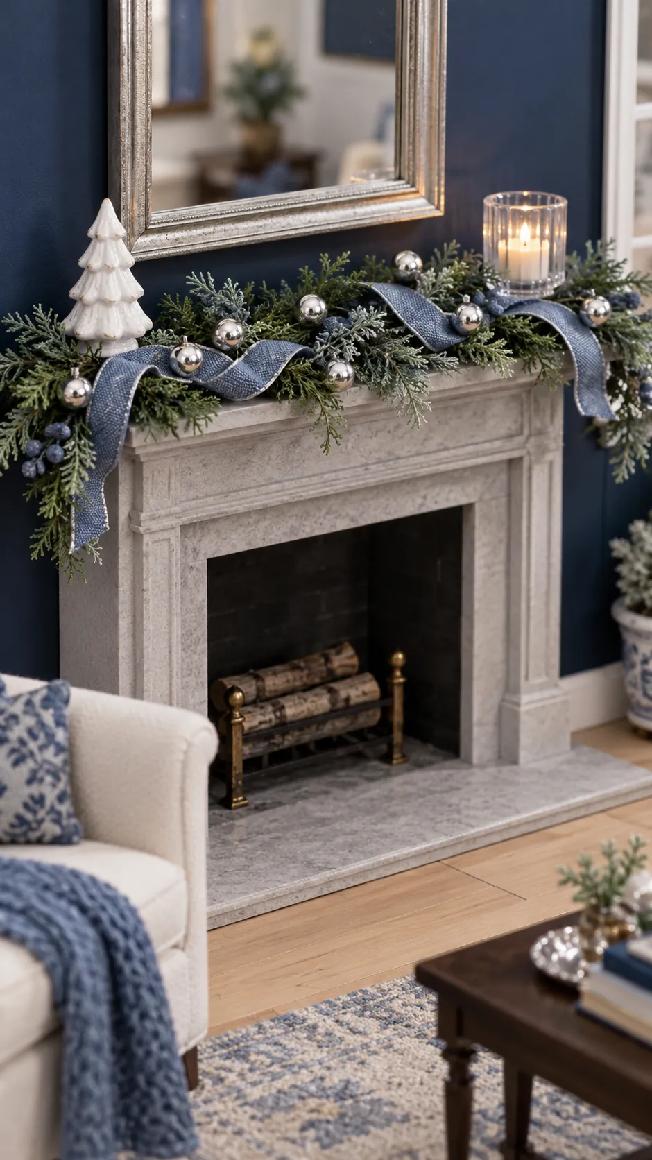 Blue and silver winter styling on a miniature mantel