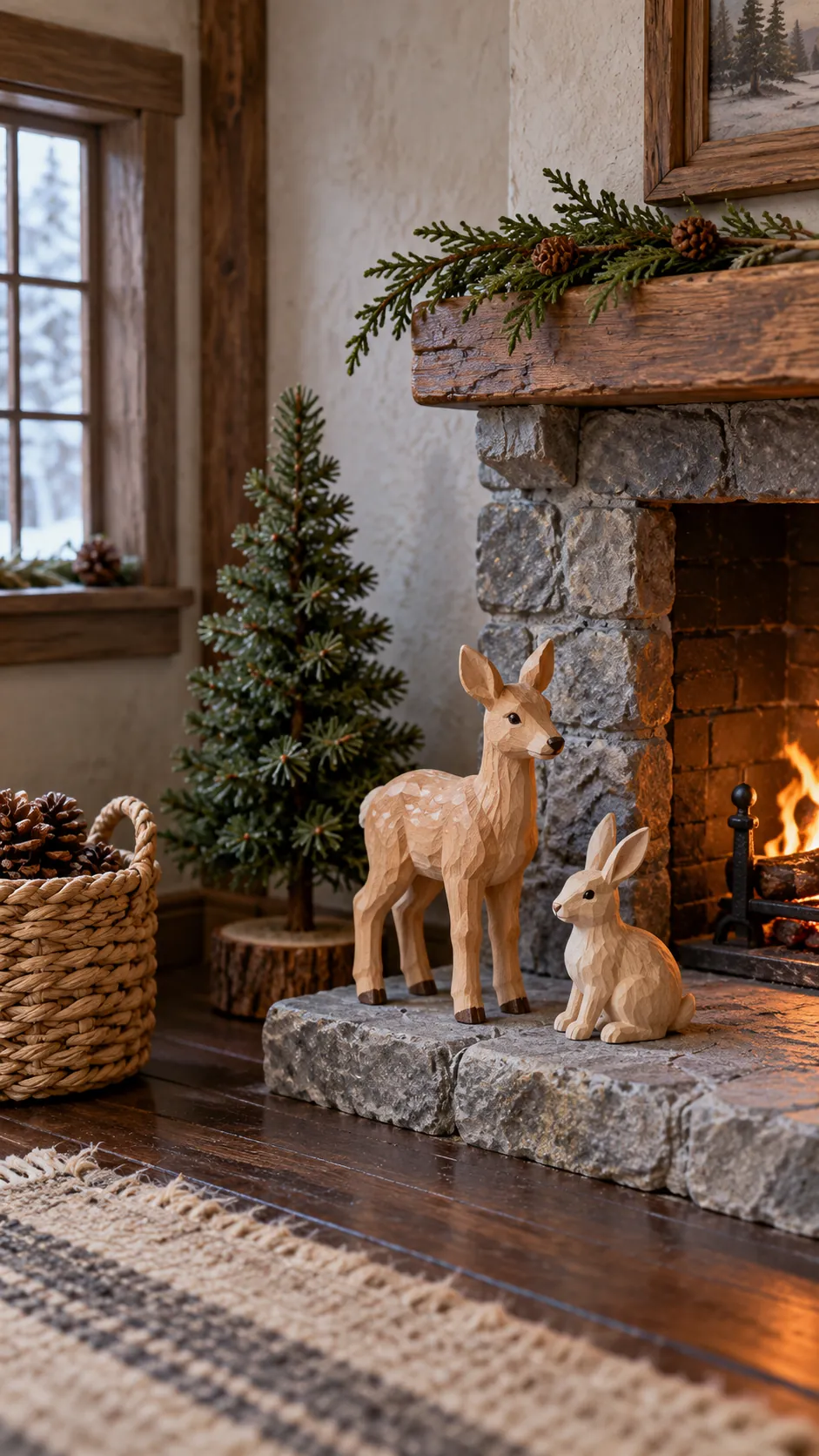 Woodland animal miniatures gathered by a Christmas fireplace