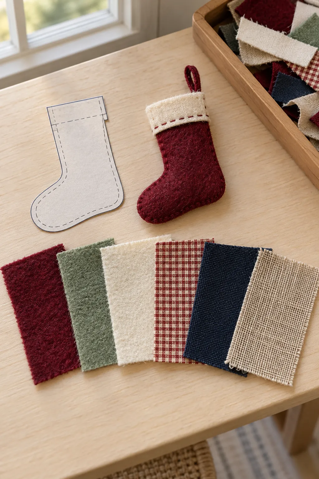 Thin felt and cotton chosen for miniature Christmas stockings