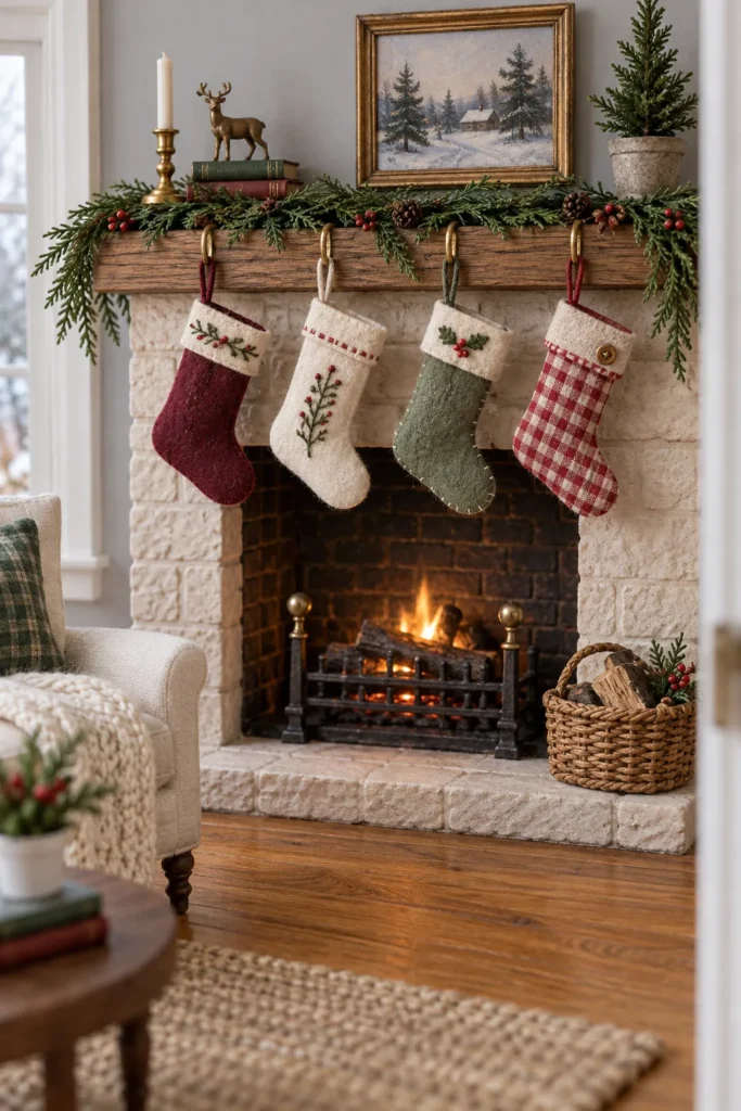 Tiny handmade Christmas stockings decorating a dollhouse fireplace