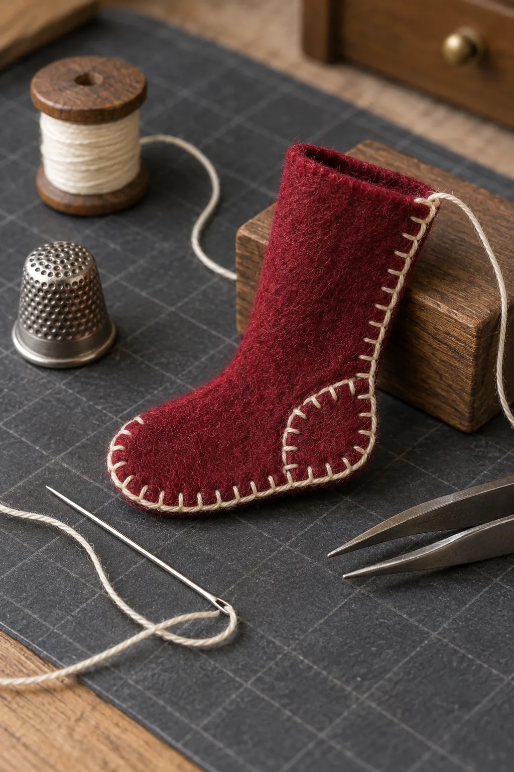 Fine hand stitching around a tiny dollhouse Christmas stocking