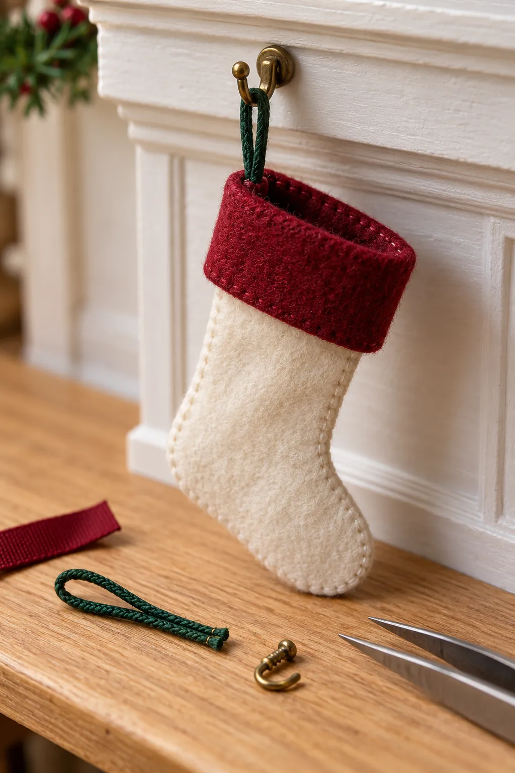 Tiny cuff and hanging loop added to a miniature stocking