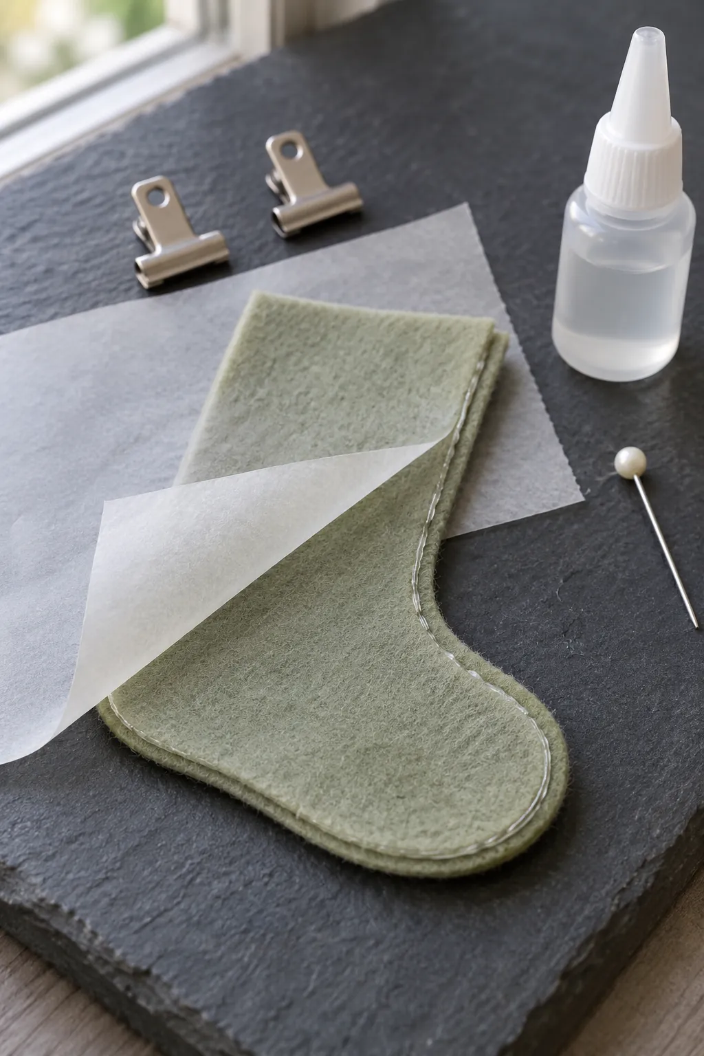 No sew miniature stocking joined with fine fabric adhesive