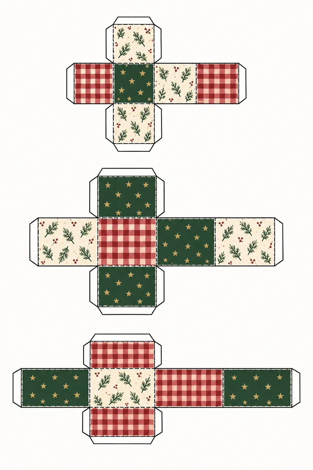 Printable sheet with three miniature Christmas gift box nets