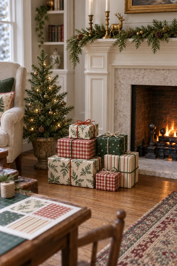 Printable miniature Christmas boxes and wrapping paper in a dollhouse gift scene