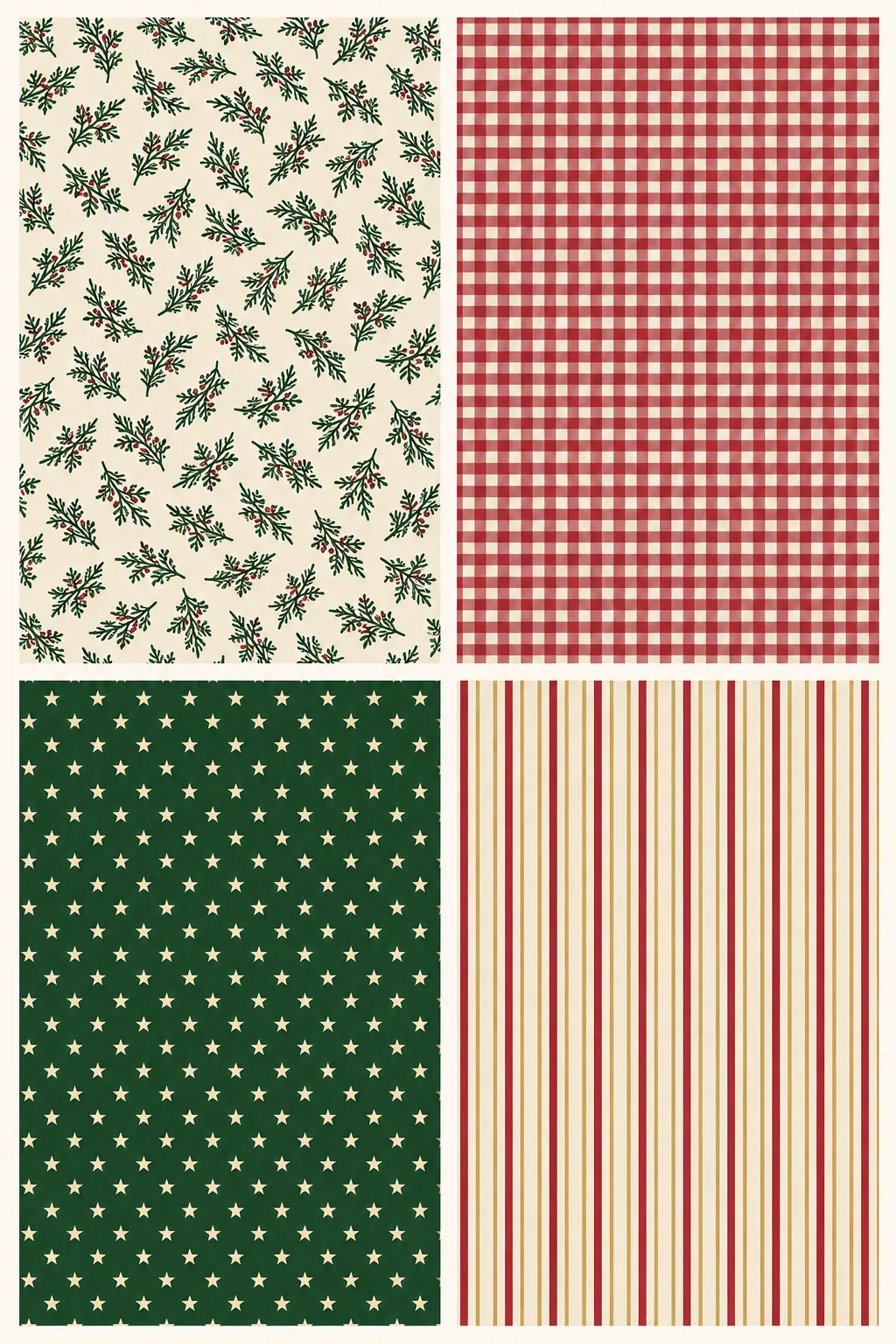 Printable miniature Christmas wrapping paper with four coordinated patterns