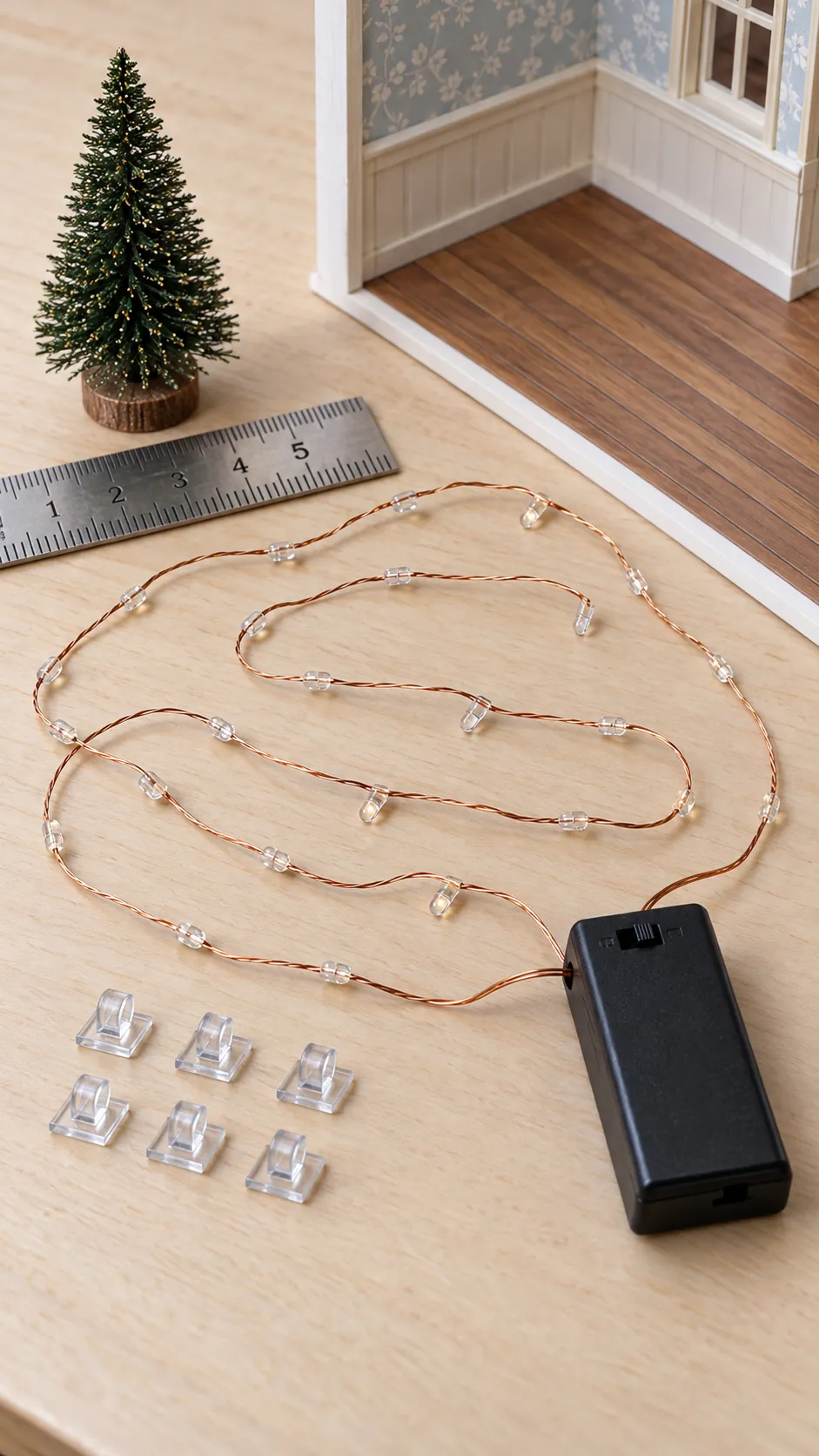 Fine wire battery LED string selected for dollhouse Christmas lighting