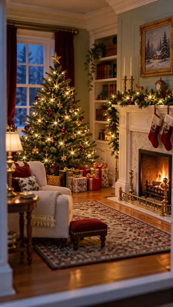 Warm miniature Christmas lights installed in a festive dollhouse