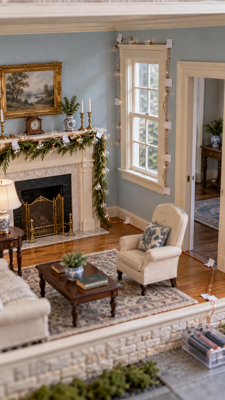 Planning the route for miniature Christmas lights in a dollhouse room