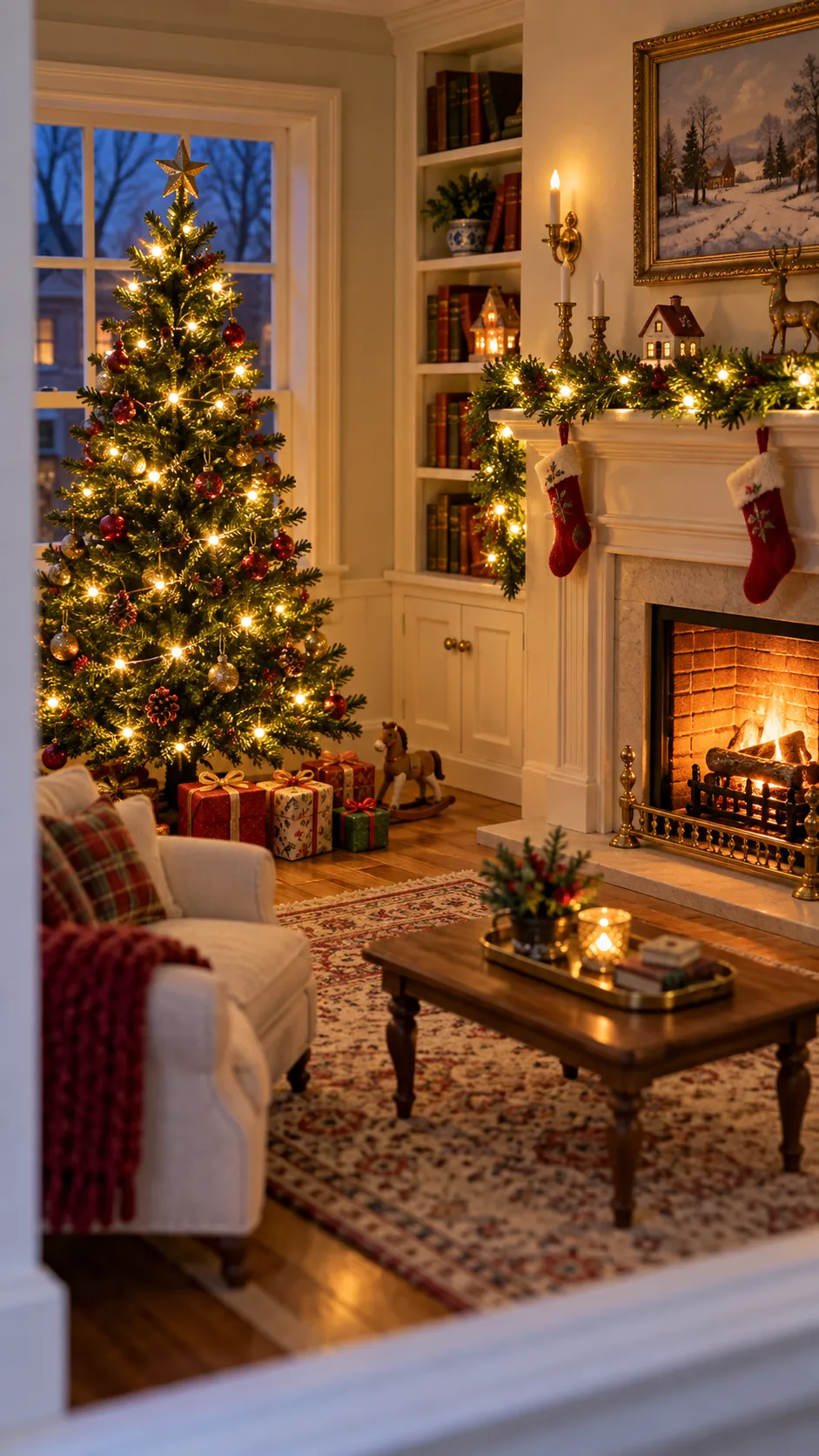 Safely installed miniature Christmas lights glowing in a dollhouse room