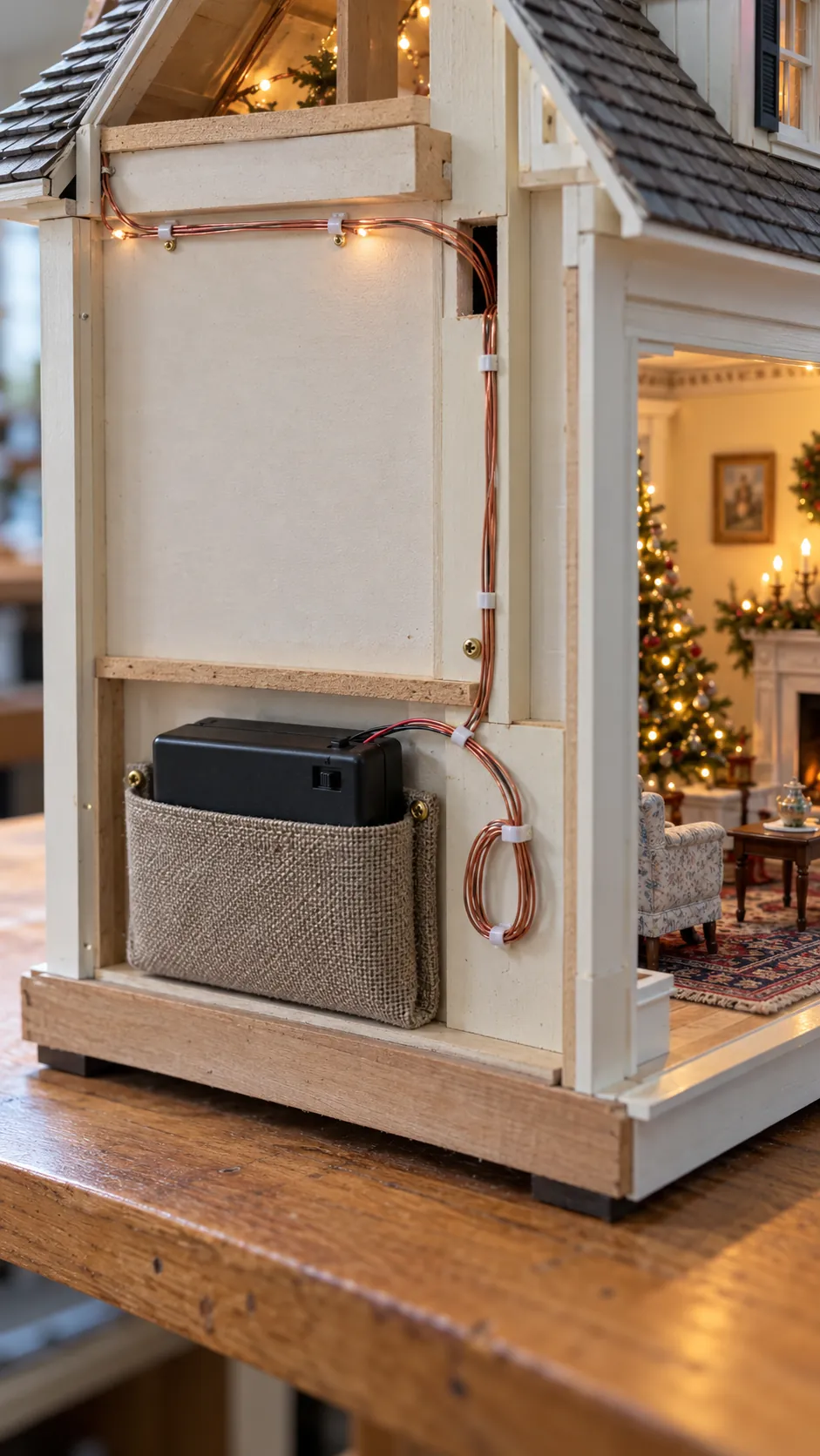 Hidden miniature light wire with accessible battery pack behind a dollhouse