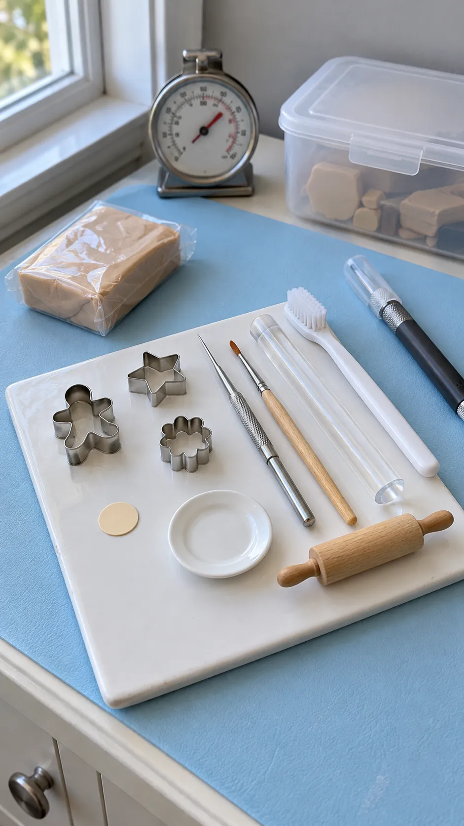 Dedicated polymer clay tools and scale guide for miniature Christmas cookies