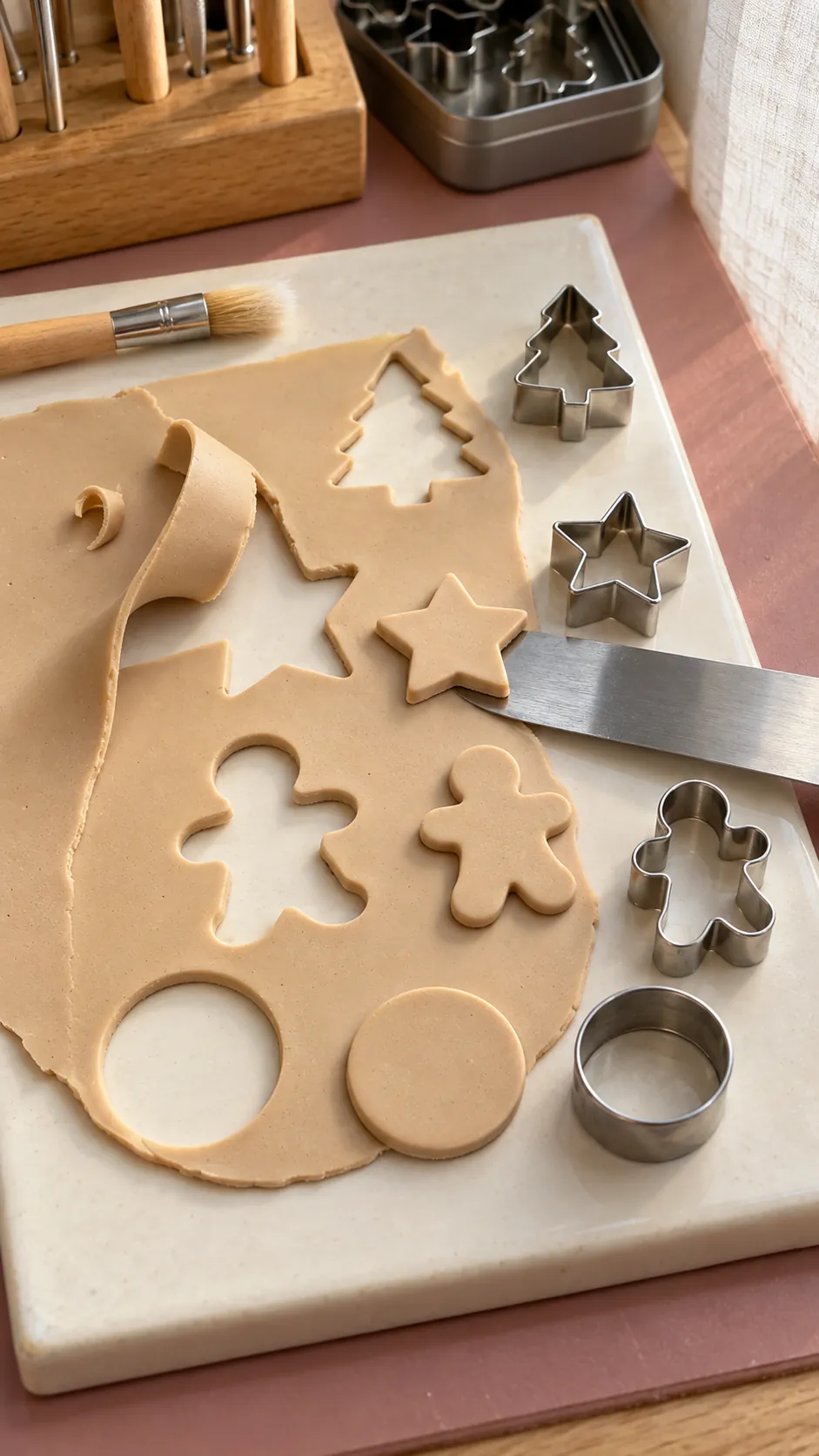 Tiny cookie cutters shaping stars trees and gingerbread figures from polymer clay