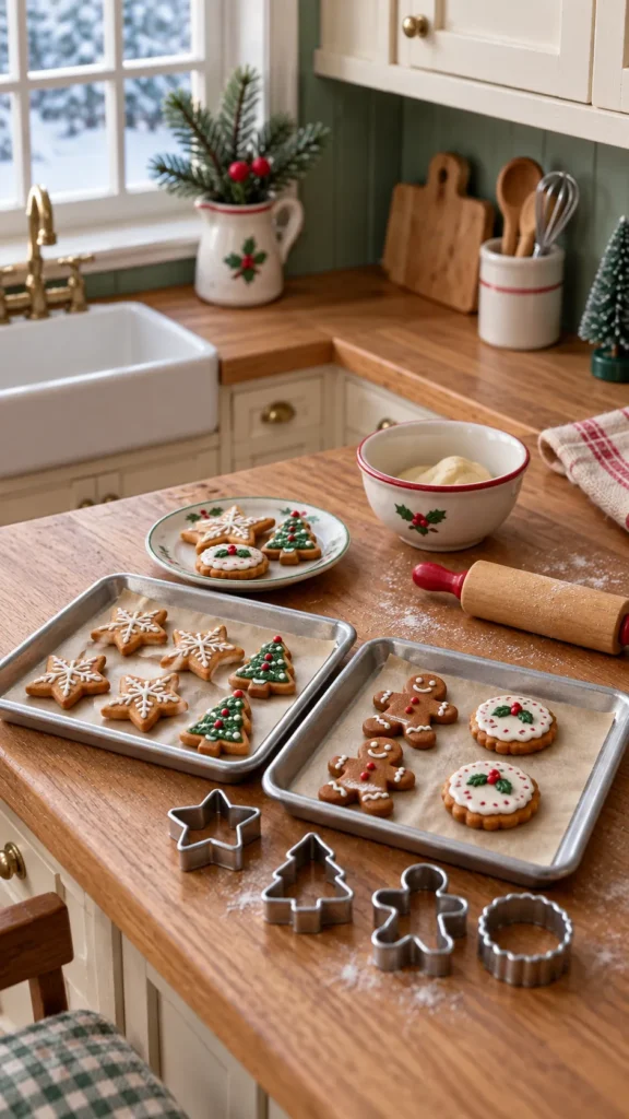 Miniature Christmas cookies and baking trays in a 1:12 dollhouse kitchen