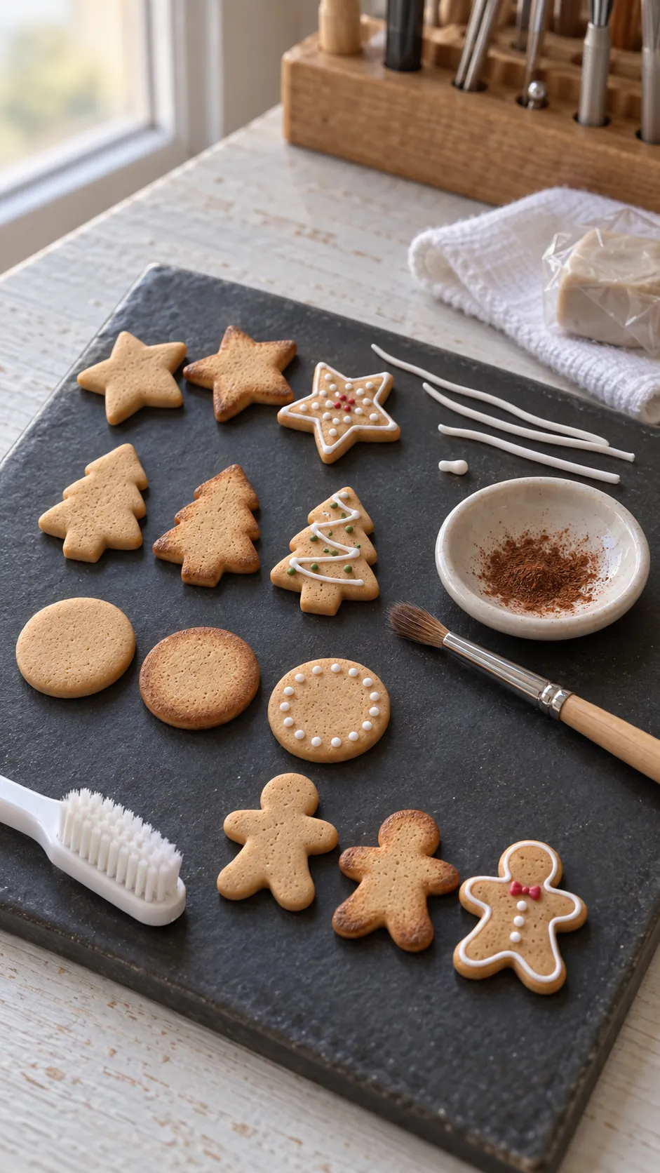 Textured polymer clay holiday cookies with fine white icing details