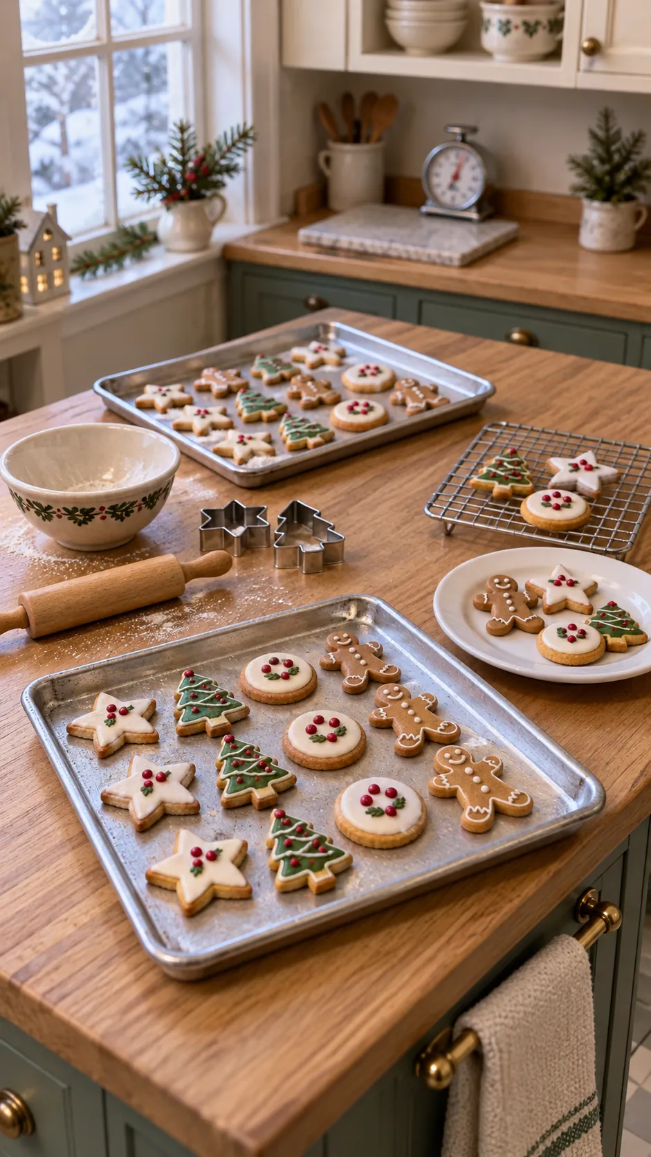 Finished dollhouse Christmas baking scene with miniature cookies and trays